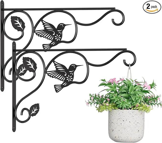 2 Pack Heavy Duty Plant Hooks for Hanging - 12 Inch Metal Wall Hangers Indoor/Outdoor, Sturdy Plant Bracket for Bird Feeders, Planters, Lanterns, Wind Chimes - Patio, Garden, Home Decor (Black) by GreenHaven Gardens