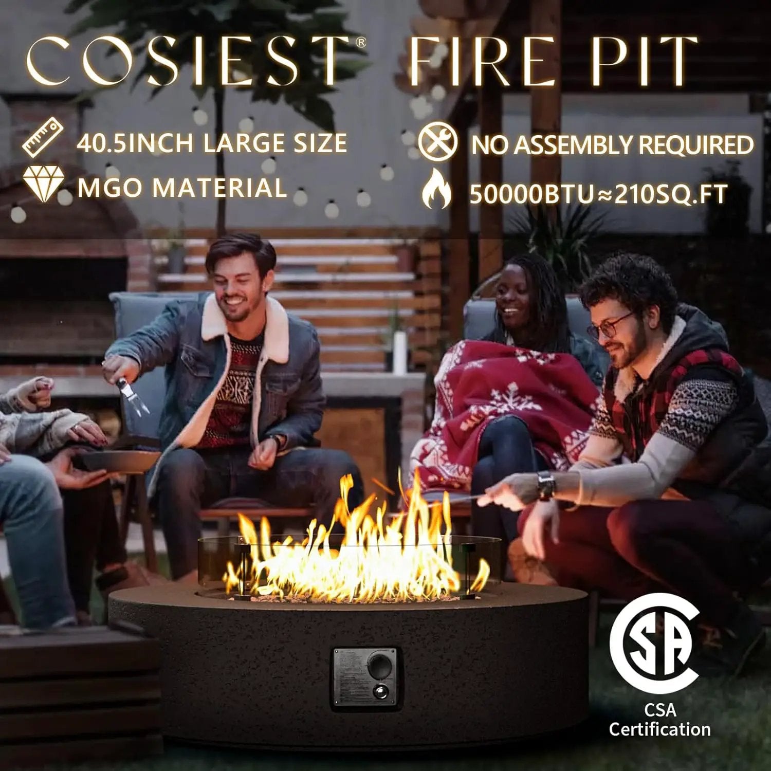 COSIEST 42 inch Outdoor Propane Fire Pit Coffee Table w Concrete Round Base Patio Heater, CSA Certified, 50,000 BTU Stainless Steel Burner, Free Lava Rocks, Rain Cover, Wind Guard, Tank Cover by GreenHaven Gardens