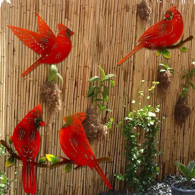 4 Pack Metal Cardinal Wall Art Decor Metal Birds 3D Outdoor Sculpture, Ornaments Hand-Made Nimble red Bird, Gifts for Mom,Birthday Gifts for Grandma Wife by GreenHaven Gardens