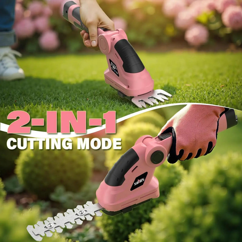 SOYUS Cordless Hedge Trimmer, 2 in 1 Electric Hedge Trimmers & Grass Shears, 7.2V Lightweight Shrub Trimmer Cordless with Battery and Charger, Ideal for Garden, Yard and Lawn - Pink by GreenHaven Gardens
