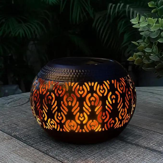 Solar Table Light Outdoor Waterproof - Solar Powered LED Lamp Dancing Flickering Flame,Hollowed-Out Black Peacock Feather Metal Desktop Decorative Lantern for Desk Patio Garden Pathway Yard by GreenHaven Gardens