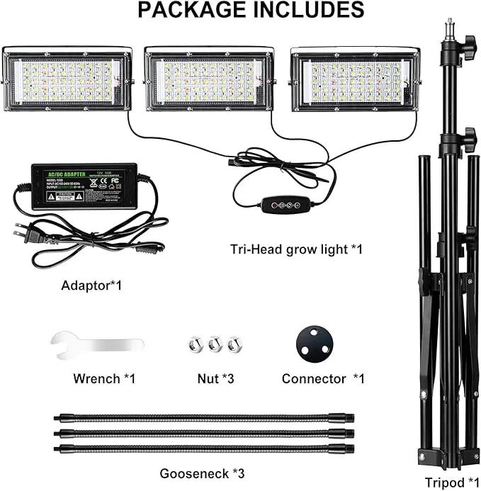 LBW Grow Light with Stand, Tri-Head LED Plant Light for Indoor Plants, Full Spectrum 150 LEDs, 3/6/12H Timer, 6 Dimmable Levels, 3 Switch Modes, Adjustable Tripod Stand 15-63 inches by GreenHaven Gardens