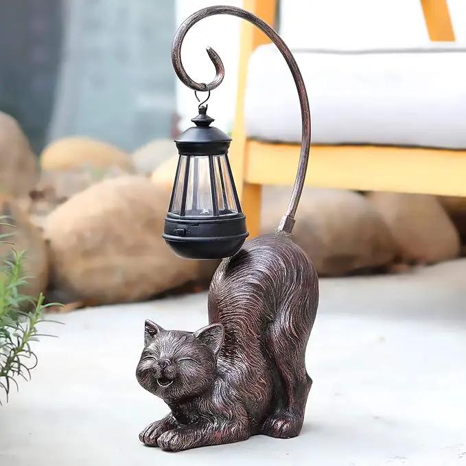 Laughing Cat Figurine with Solar-Powered LED Light, 15.7 Inches Tall Antique Bronze, Perfect for Gift Garden Decor or Housewarming for Cat Lovers. by GreenHaven Gardens