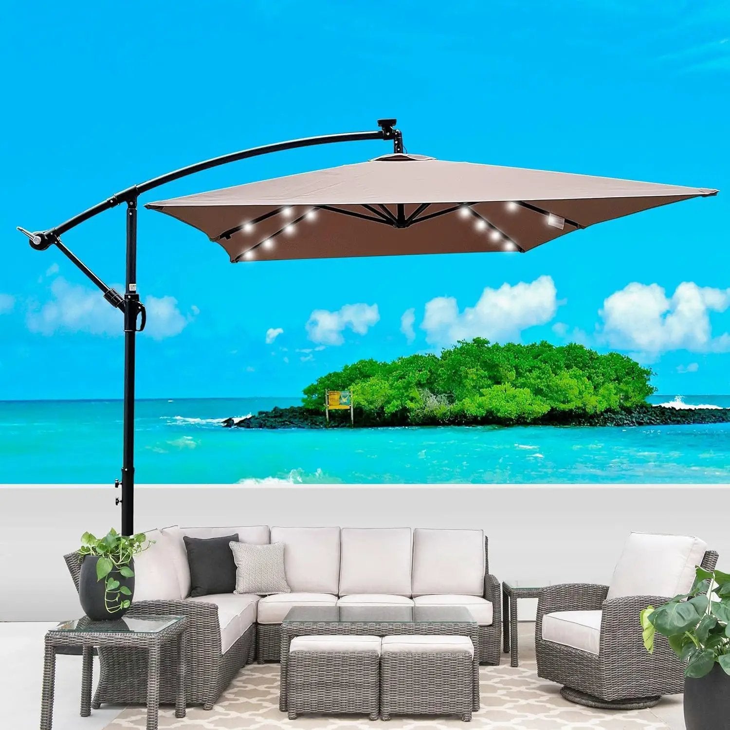 10x6.5FT Patio Umbrella, Outdoor Offset Umbrella with Cross Base and Crank, Rectangular Cantilever Umbrella with Solar Lights, Hanging Market Umbrella with 6 Rids for Pool, Deck, Backyard (Mushroom) by GreenHaven Gardens
