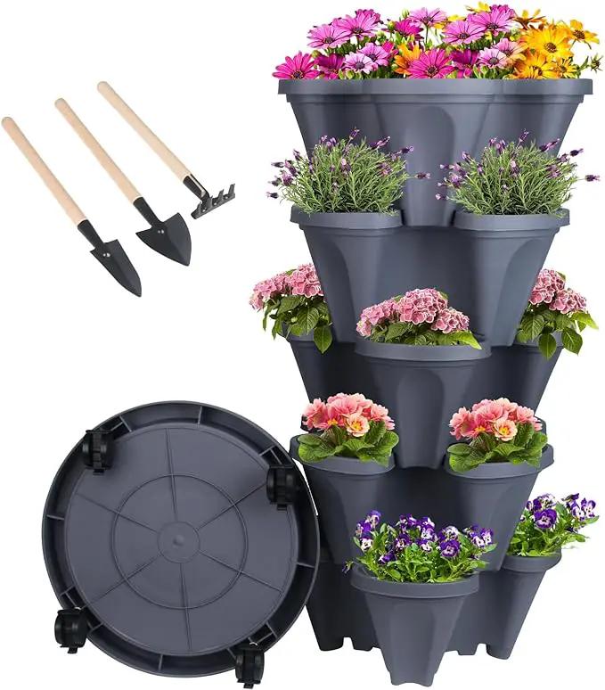 Vertical Planter 5 Tier Stackable Planters Garden Planters Strawberry Herb Flower and Vegetable Planter Indoor Outdoor Gardening Pots with Removable Wheels and Tools by GreenHaven Gardens