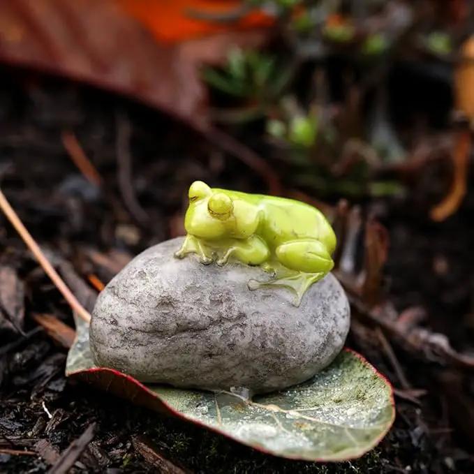 Top Collection Miniature Fairy Garden and Terrarium Statue, Sleeping Cute Frog on Stone by GreenHaven Gardens