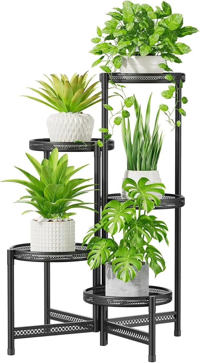 iDavosic.ly 5 Tier Large Plant Stand Indoor with 10-Inch Wide Drainage Tray, Tiered Corner Metal Outdoor Flower Display Holder Shelf, Folding Tall Rack for Patio Porch Balcony, Black Iron Carving by GreenHaven Gardens