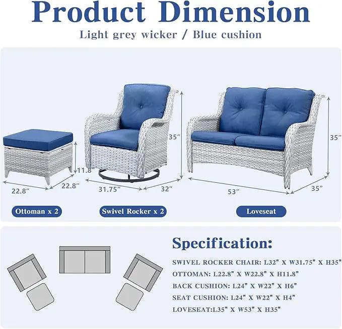 5 Piece Outdoor Patio Furniture Set - Patio Wicker Furniture Conversation Set, Outdoor Swivel Rocker Chairs with Loveseat Sofa and 2 Ottomans for Small Space, Blue Cushion by GreenHaven Gardens
