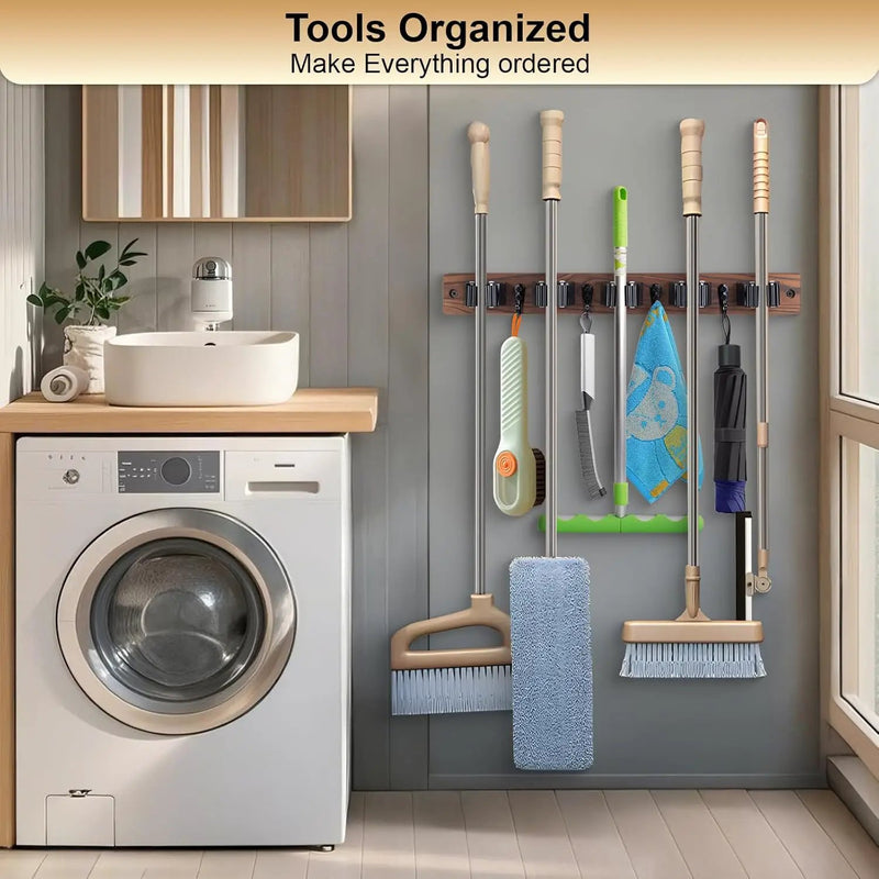 Broom Holder Wall Mount With 5 Slots & 4 Hooks，Rustic Wood Broom & Mop Hanger，Wall Mounted Garden & Garage Tool Storage Organizer Rack for Closet Laundry Room or Kitchen Wall Decor by GreenHaven Gardens