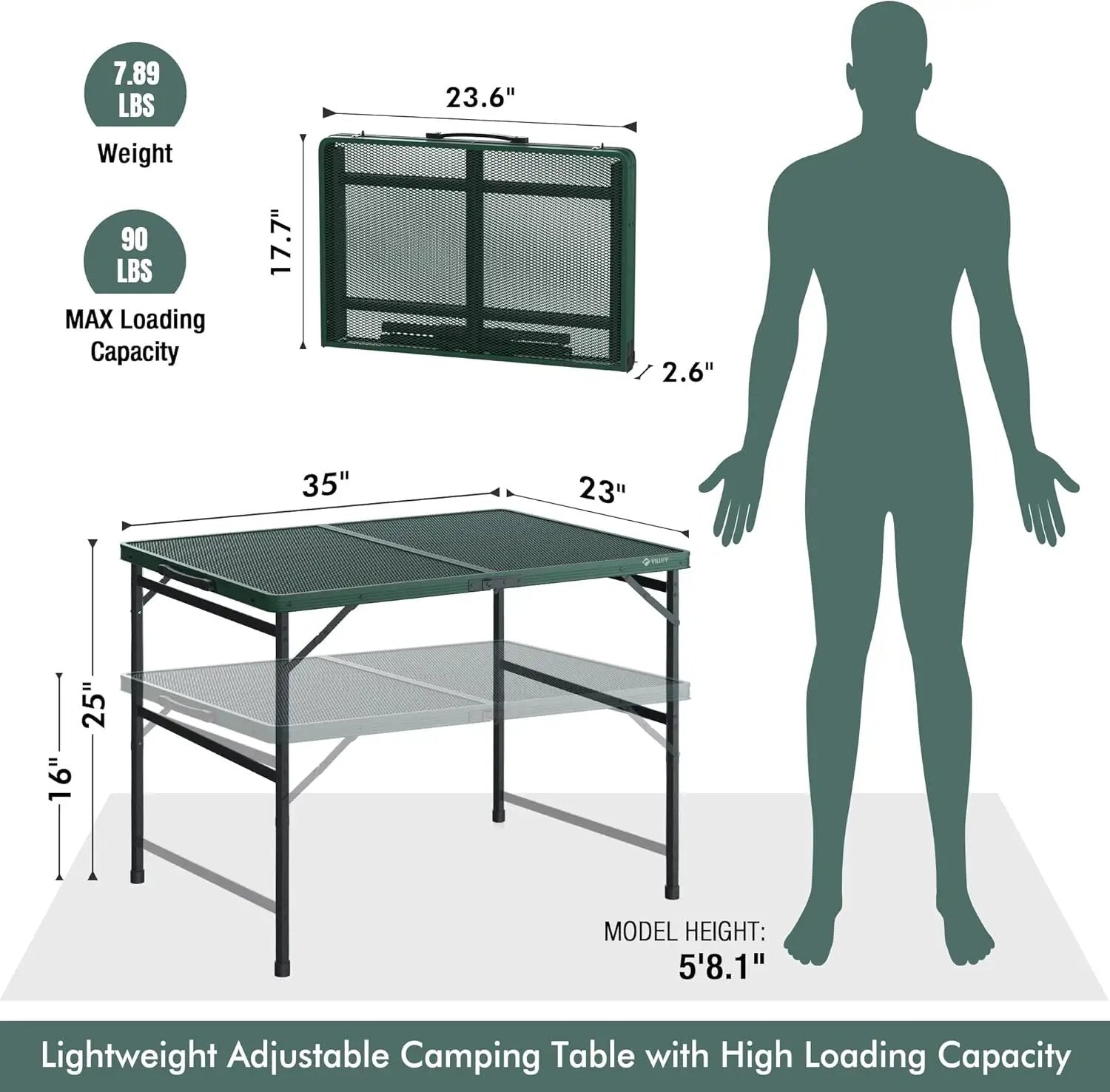 VILLEY Grill Table, 3ft Folding Camping Table with Aluminum Adjustable Legs, Portable Lightweight Camp Table for Beach Picnics and Outdoor Cooking by GreenHaven Gardens
