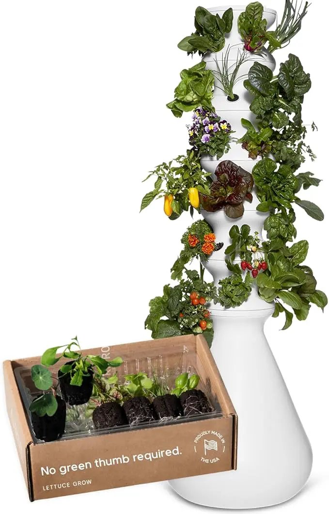 Farmstand Starter Kit + 36 Seedling Credits | Large Hydroponic Growing System Kit | Self-Watering Outdoor Vertical Garden Planter Tower | 6ft 1in | Made in USA by GreenHaven Gardens