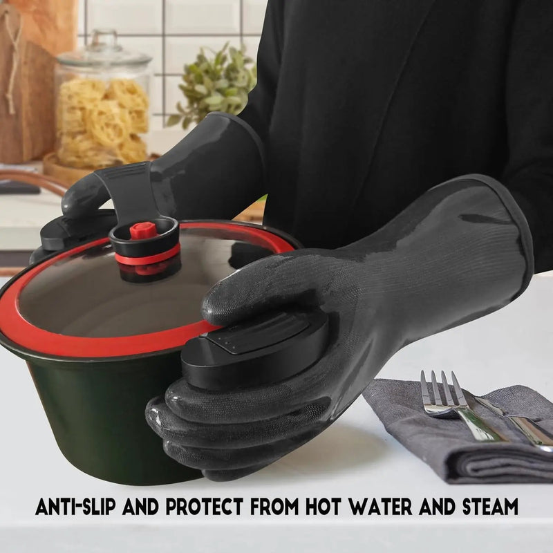 DEYAN Silicone BBQ & Oven Gloves - Food Grade, Heat Resistant Waterproof & Oil Proof Gloves for Grilling, Baking, Frying, Cooking - Long Sleeve & Non-Slip Grip, 1 Pair(Black, 8/M) by GreenHaven Gardens