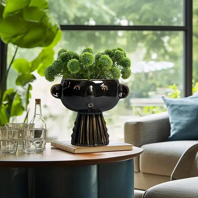 Head Planter 7 Inch - Ceramic Face Planters with Drainage Hole, Funny Succulent Pots for Indoor Outdoor, Cute Decorative Plant Pot, Desk Office Room Home Decor, Black by GreenHaven Gardens