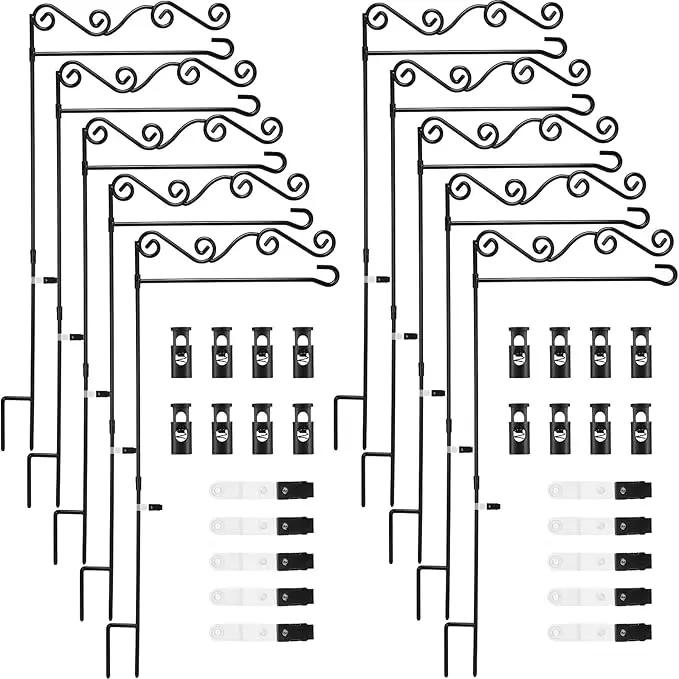10 Pack Garden Flag Stand with Flag Stoppers and Clips, Black Powder Coated Weather Proof Garden Flag Pole Holder for Outdoor Garden Flag (Stylish Style, 15.75 x 36.22 Inch) by GreenHaven Gardens