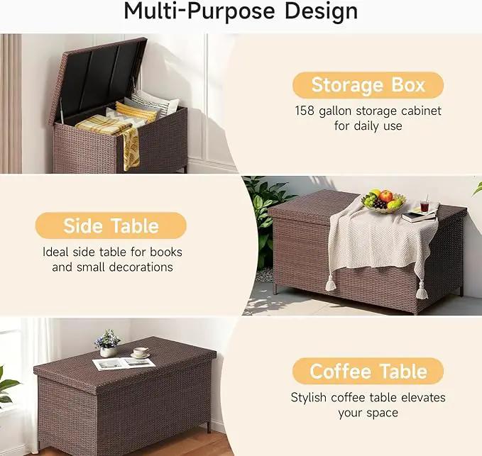 158 Gallon XL Deck Box with Lid, All Weather Wicker Outdoor Storage Box Waterproof, Large Outdoor Patio Storage Bin for Cushions, Garden Tools, Gears, Pool Accessories, Brown by GreenHaven Gardens