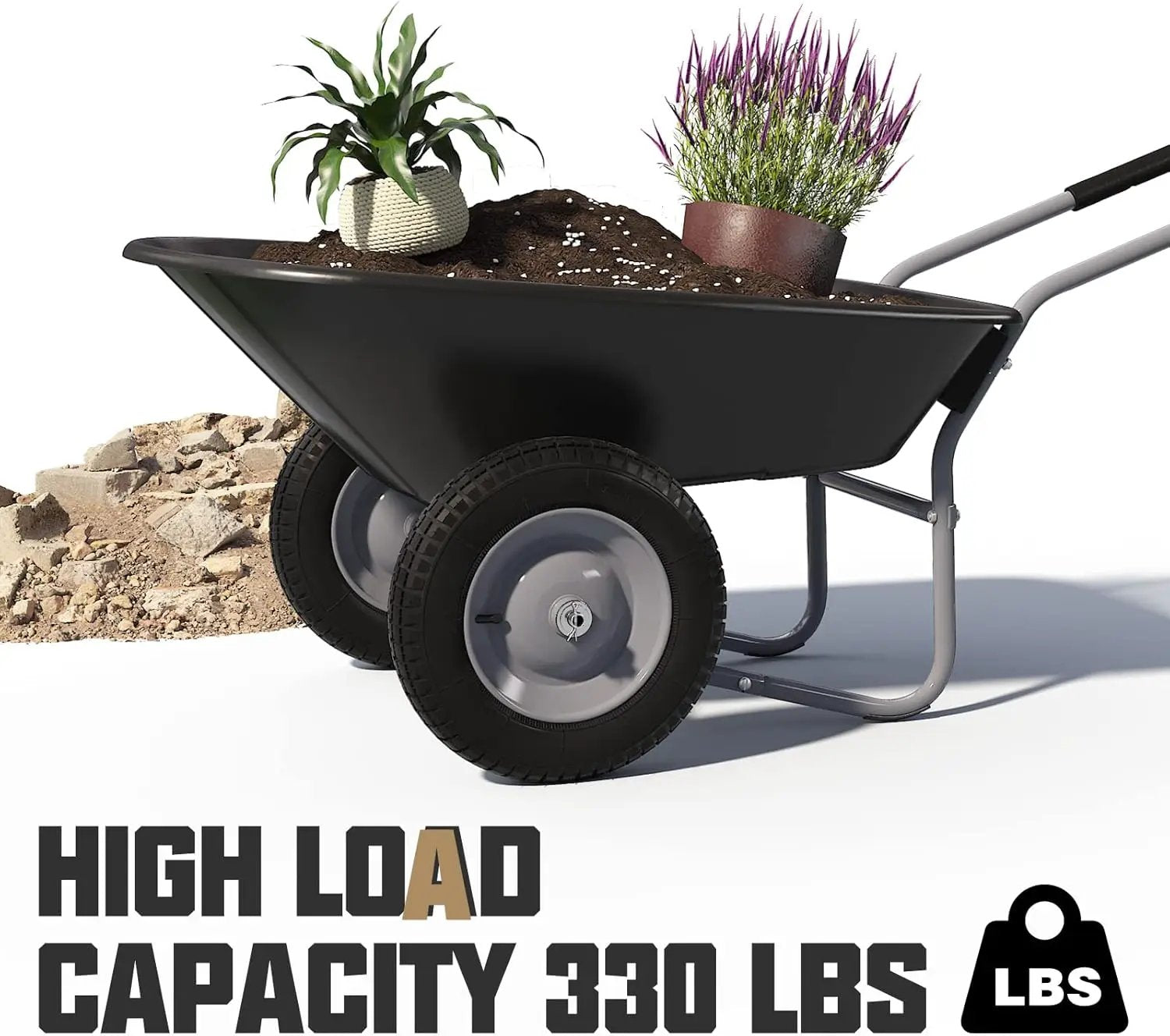 ARNOT Enlarged 2-Wheel Wheelbarrow, Easy Loading and Dumping Garden Cart, Heavy Duty Utility Dump Cart for Outdoor Lawn Yard Farm Ranch, Black by GreenHaven Gardens