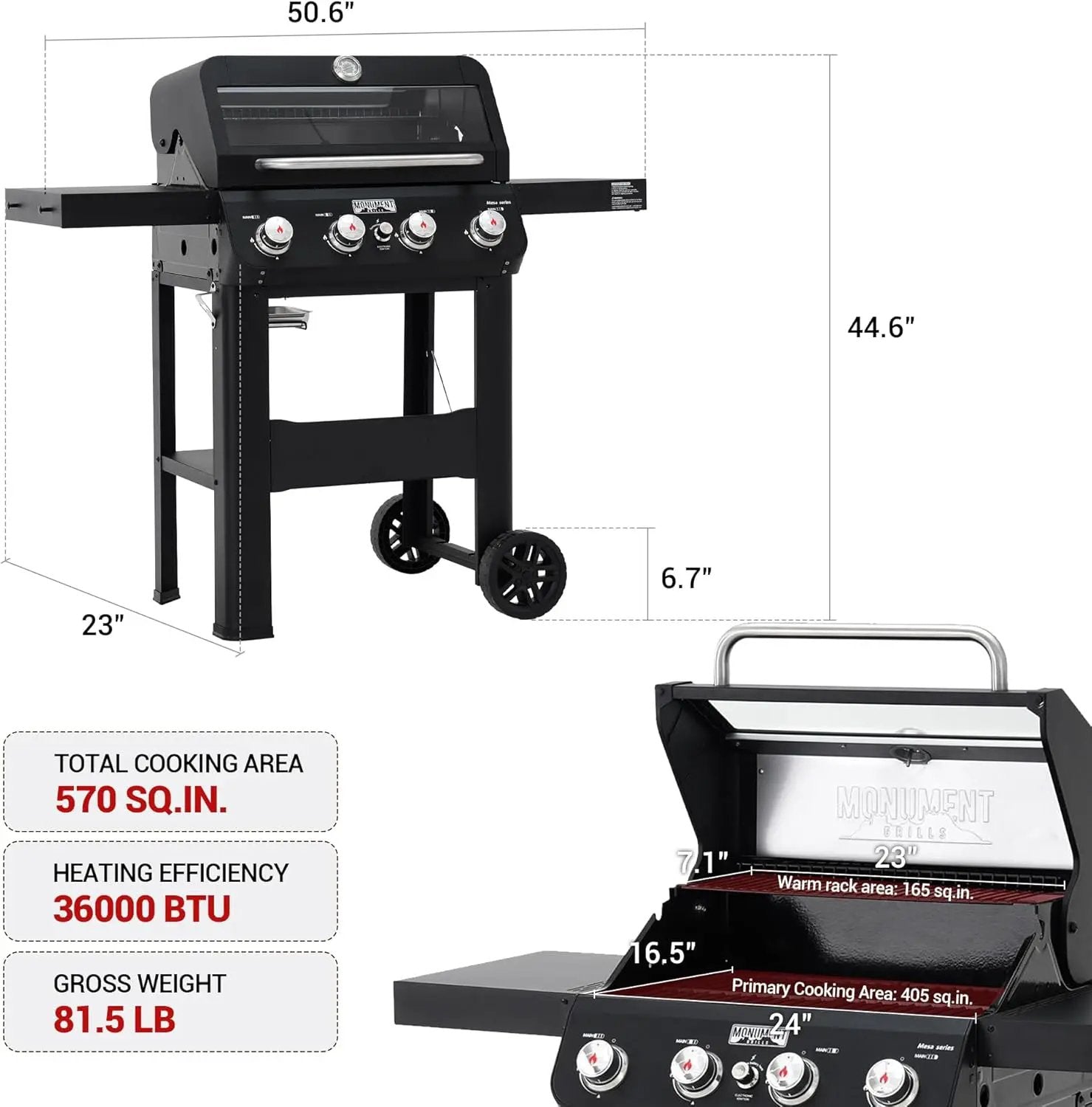 Monument Grills 4-Burner Liquid Propane Gas Grill, Matte Black Stainless Steel Burner Grill with Clearview® Lid and One Foldable Shelf for Outdoor Cooking Kitchen Patio Backyard Barbecue, Mesa420MF by GreenHaven Gardens