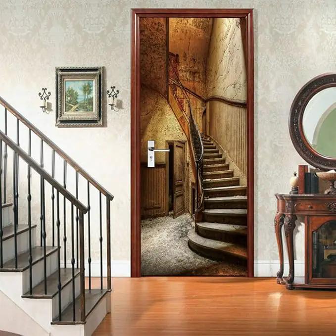 3D Peel and Stick Murals - Old Stairs - Wallpaper Self-Adhesive Decals - Removable PVC Waterproof Door Poster for Bedroom Living Room - 37.4 x 82.7 inch by GreenHaven Gardens