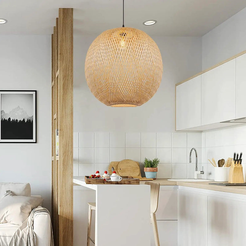 Arturesthome Bamboo Pendant Lighting Fixtures, Round Wicker Chandelier Hand-Woven Boho Basket Lampshade Hanging Ceiling Light for Kitchen Island Living Room by GreenHaven Gardens