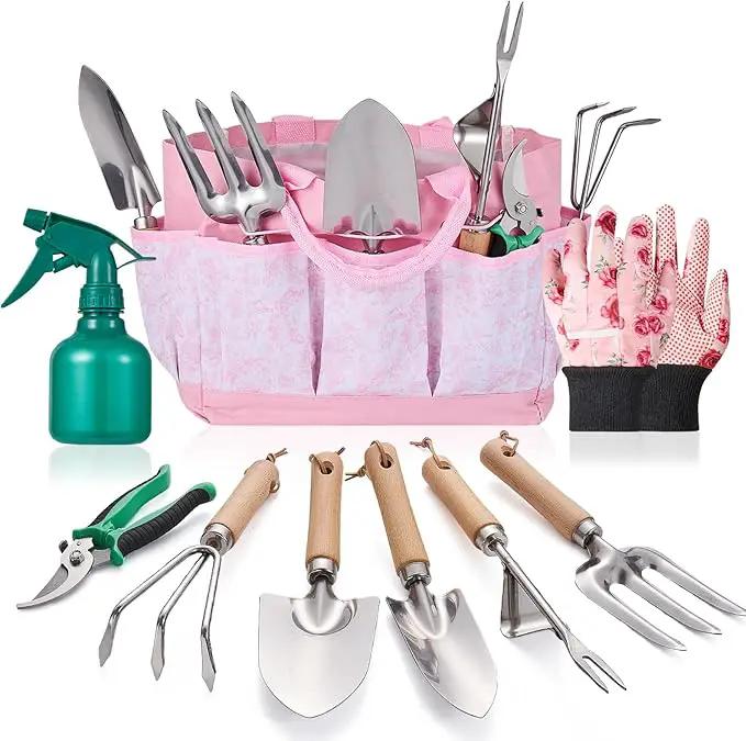 Gardening Tools of 9 Pieces | Stainless Steel Heavy-Duty Gardening Hand Tools with a Delicate and Durable Storage Bag and Anti-Slip Rubber Gloves | Pink by GreenHaven Gardens