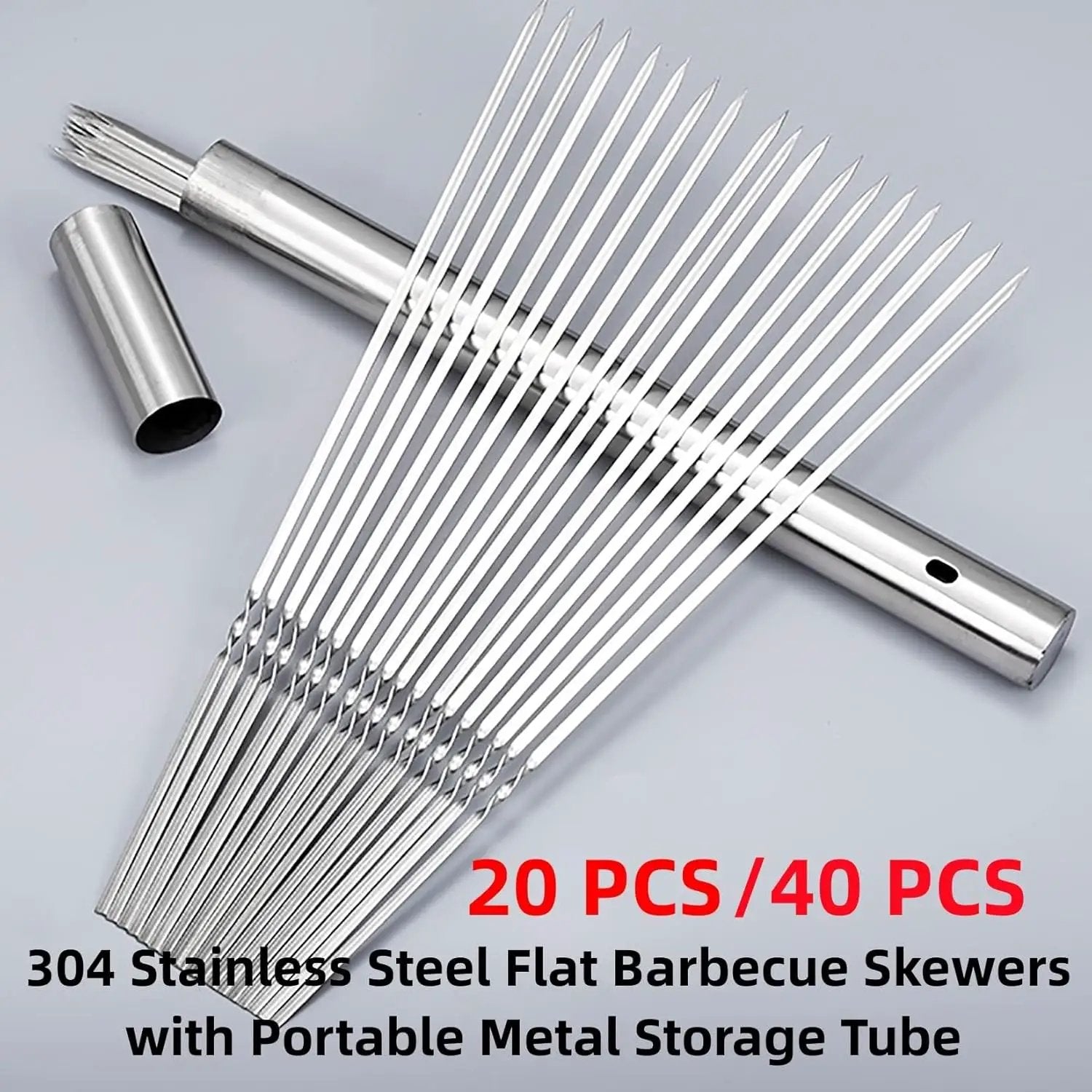 304 Stainless Steel 14.8" Long Flat Barbecue Skewers,20PCS/40PCS BBQ Kebab Skewers with Portable Metal Storage Tube,Reusable for Grilling Barbecue Kitchen Party and Outdoor Cooking (40PCS) by GreenHaven Gardens