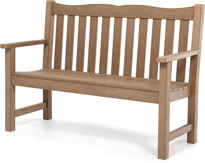 Outdoor Bench, 2-Person Poly Lumber Garden Bench, All-Weather Outside Bench with 800 lbs Weight Capacity, Never Rot or Fade, Looks Like Real Wood, Teak by GreenHaven Gardens
