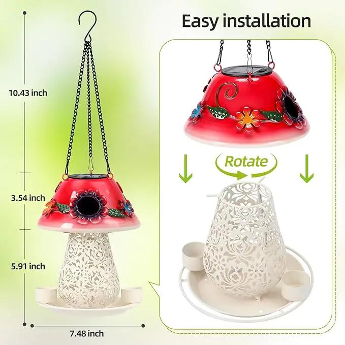 Mushroom Solar Bird Feeders for Outdoors Hanging Metal Wild Bird Feeder Garden Lantern with S Hook for Garden Decoration red by GreenHaven Gardens