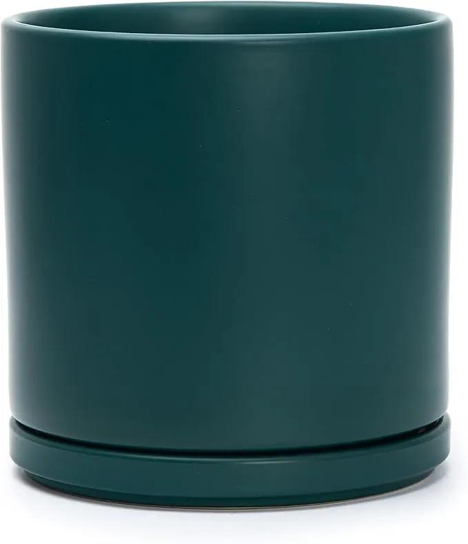 D'vine Dev 8 Inch Ceramic Planter Pot with Drainage Hole and Saucer, Indoor Cylinder Round Planter Pot, Teal, 94-O-D-9 by GreenHaven Gardens