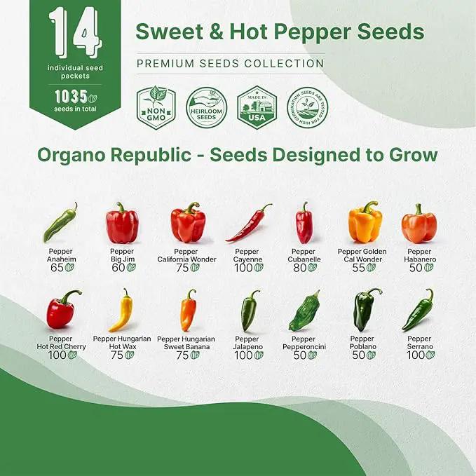 Organo Republic 14 Sweet & Hot Peppers Seeds Variety Pack - 1,030+ Non-GMO Heirloom Pepper Seeds for Outdoor and Indoor Home Gardening, Including Pepper Cayenne, Habanero, Jalapeno, Poblano, Serrano by GreenHaven Gardens