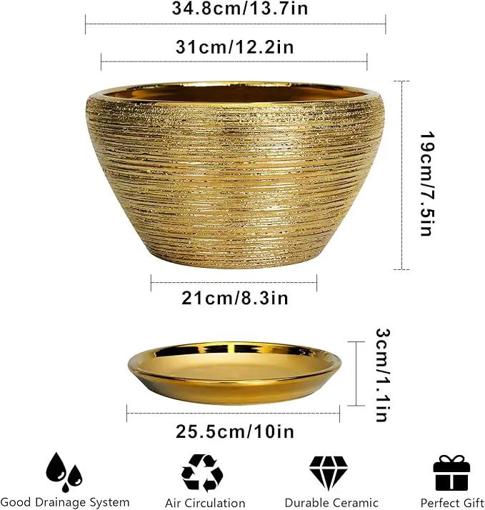 Ceramic Planter 13 Inch - Indoor Plant Pot with Drainage Hole and Saucer Large Ceramic Pot for Plants Mid-Century Decorative Modern Outdoor Flower Pot for Home Decor Gold by GreenHaven Gardens