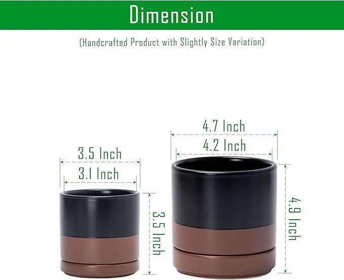 D'vine Dev 3.5 Inch & 4.7 Inch Ceramic Planter Pots for Plants with Drainage Hole and Saucer, X-Small Plant Pots Set, Black/Speckled Tan, 94-G-XS-7 by GreenHaven Gardens