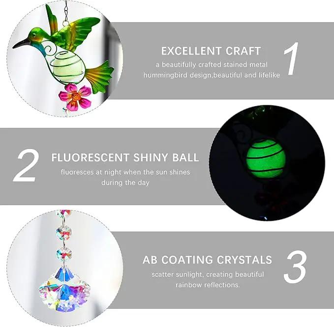 Stained Metal Hummingbird Suncatcher, Window Crystal Prisms Sun Catcher Hanging Ornament Rainbow Maker Bird Garden Wall Art Fence Decorations by GreenHaven Gardens