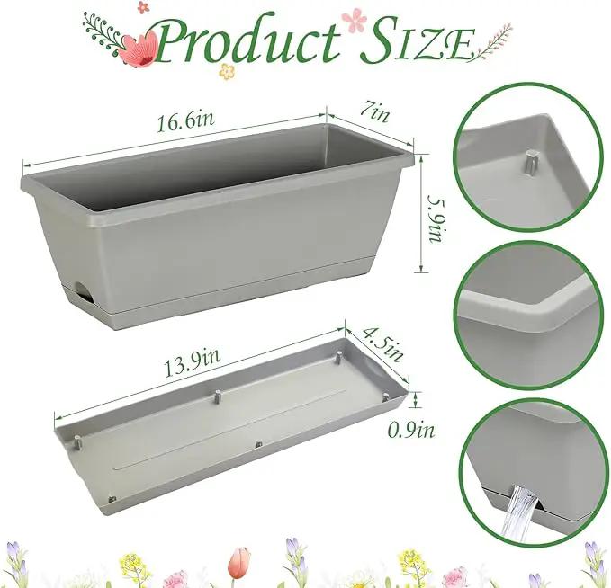 12Pcs 17Inches Rectangle Planter Box with Drainage Holes and Trays Plastic Planters Flower Boxes Pots for Indoor Outdoor Plants Patio Garden Home Decor Porch Yard (Gray) by GreenHaven Gardens