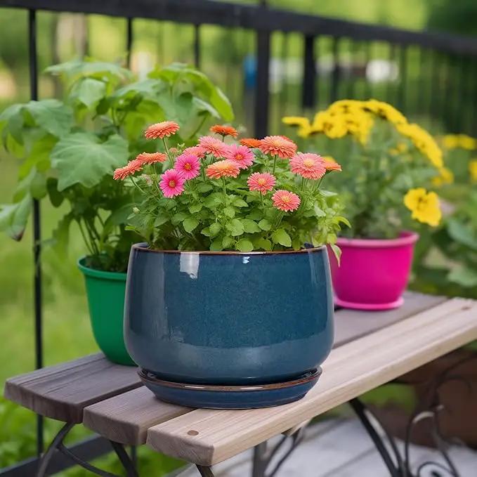 G EPGardening Ceramic Plant Pots - 9 Inch Round Modern Planter Indoor with Drainage and Tray for Indoor Outdoor Flower, Office Decor, Gardening Gifts, Retro Blue by GreenHaven Gardens