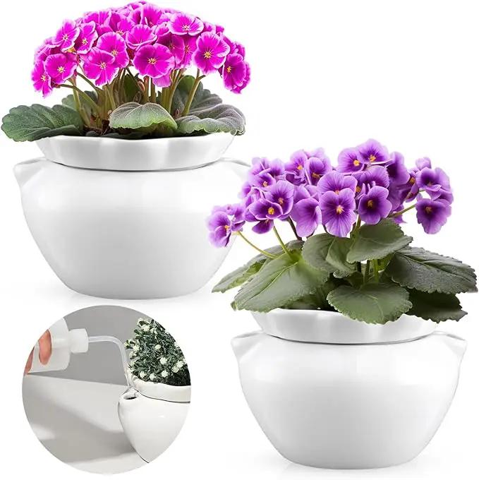 2 Set 7.5 Inches African Violet Pots Self Watering White Ceramic Pot for Indoor Plants, Flowerpot with Highly Absorbent Inner Pot for Busy Plant Lovers, Plant Care by GreenHaven Gardens
