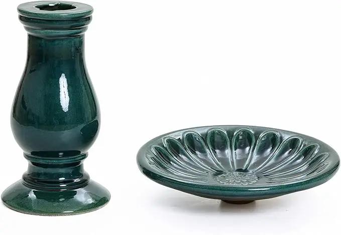 LuxenHome 22 Inch Ceramic Bird Bath for Outside, Elegant Tall Outdoor Bird Bath, Lightweight Pedestal Glazed Birdbaths for Outdoors with Floral Pattern, Dark Green by GreenHaven Gardens