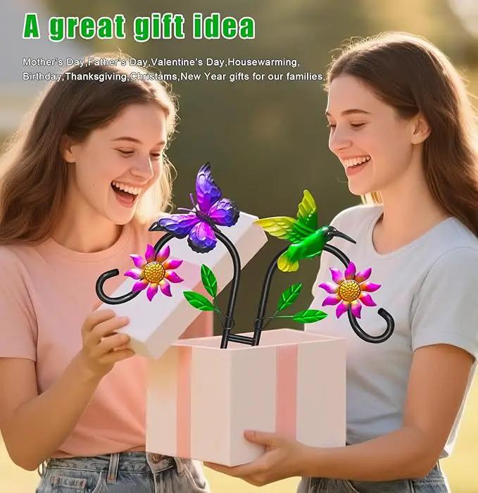 Double Shepherds Hooks for Outdoor, Artistic Hummingbird & Flower Design, 5 - Prong Base, Ideal for Bird Feeders, Baskets & Lanterns (1 Pack) by GreenHaven Gardens