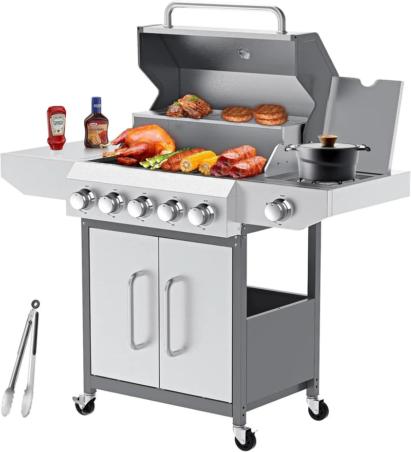 Llamaviva 68,000 BTU 5-Burner Propane Gas Grill with Side Burner & Food Clip | Professional Stainless Steel Outdoor BBQ Grill | 647 sq in Cooking Space + Warming Rack | Patio Cart Design for Backyard by GreenHaven Gardens