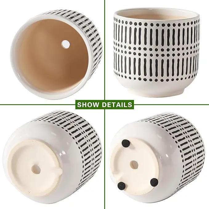 Docrin Plant Pots Ceramic: 6.5+5.3+4 Inch Flower Pots with Drainage Holes for Home/Office - Set of 3/White and Black by GreenHaven Gardens