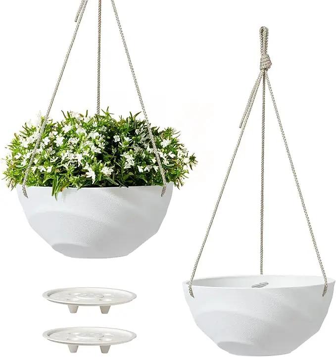 La Jolie Maison 10 Inch Hanging Planters for Indoor Plants, Outdoor Garden Planter Pots with Self-Watering Tray, Eggshell White, Set of 2 by GreenHaven Gardens