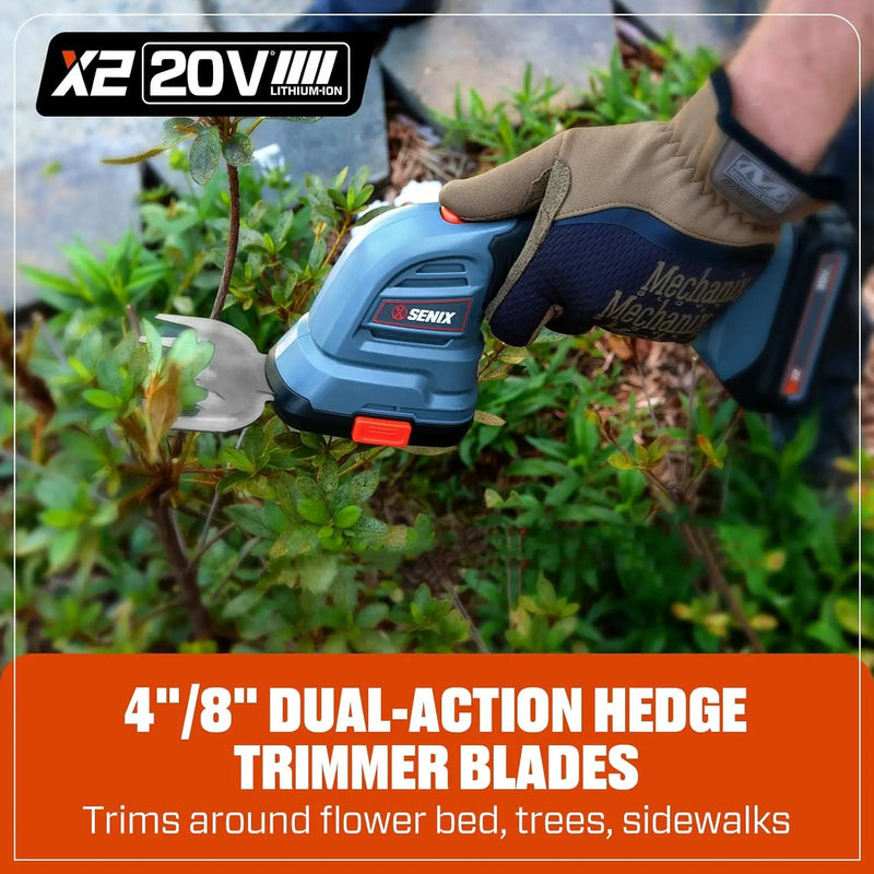 Senix X2 20 Volt Max* 2-in-1 Cordless Hedge Trimmer and Grass Shear with Interchangeable 4-Inch and 8-Inch Blades, Includes 2.0 Ah Battery and Charger (GSX2-M) by GreenHaven Gardens