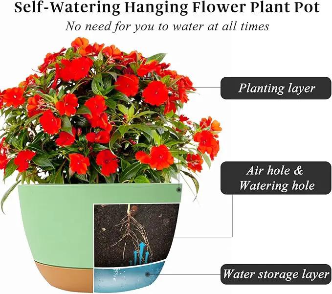 Bevgems 3 Pack 8.26 Inch Hanging Planters, Plastic Self-Watering Hanging Flower Plant Pot, Decorative Flower Pot Holder with Drainage Holes & Removable Tray for Indoor Outdoor Plants,Flowers, Herbs by GreenHaven Gardens