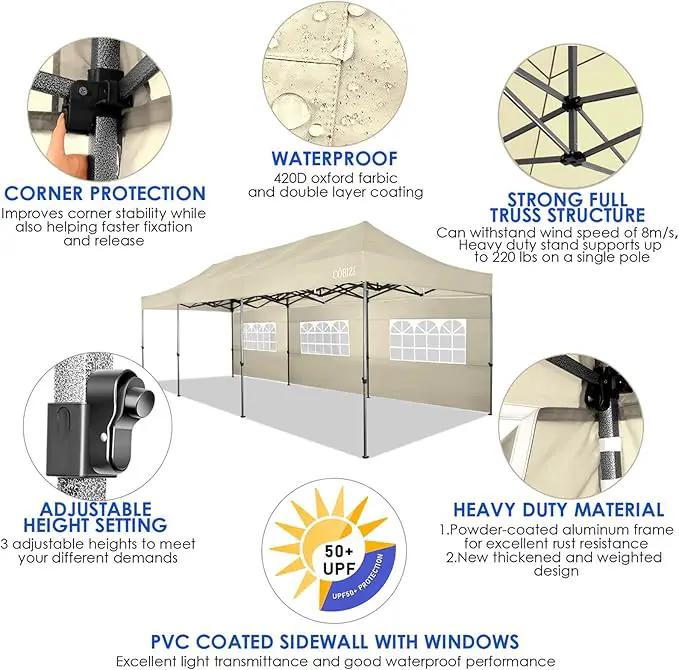 COBIZI 10x30 Heavy Duty Pop up Canopy with 8 sidewalls Stable Wedding Outdoor Tents for Parties Canopy Pop Up Party Tent UPF 50+ Waterproof Commercial Gazebo with Roller Bag, Khaki(Windproof Upgraded) by GreenHaven Gardens