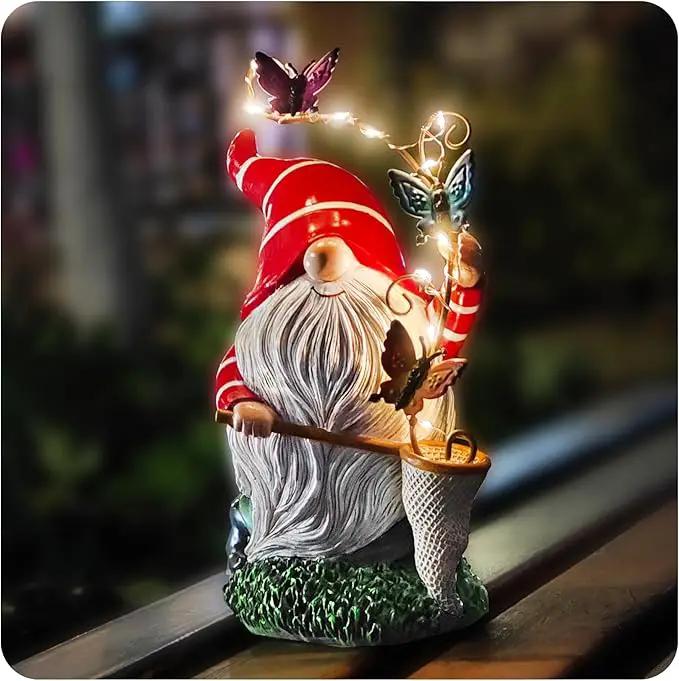 Solar Powered Gnome Garden Statue with Iron Butterflies - LED Lighted Garden Decorations, Resin Gnome with Butterfly Net, Gifts for Women and Men，Outdoor Decor Ornaments for Outside by GreenHaven Gardens