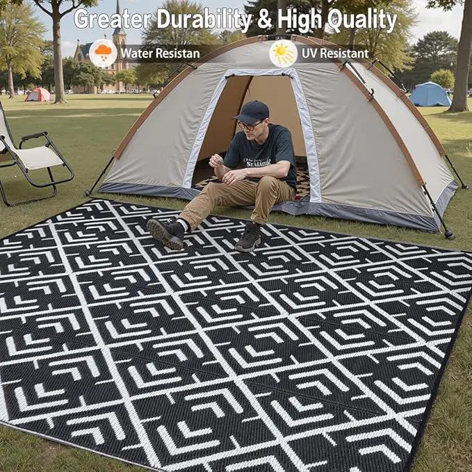 RV Outdoor Rug Waterproof Mat Outdoor Rugs 9'x12' for Patios Clearance Carpet Outdoor Camping Rugs Large Plastic Straw Rug(8x10ft Geometric Black&White) by GreenHaven Gardens