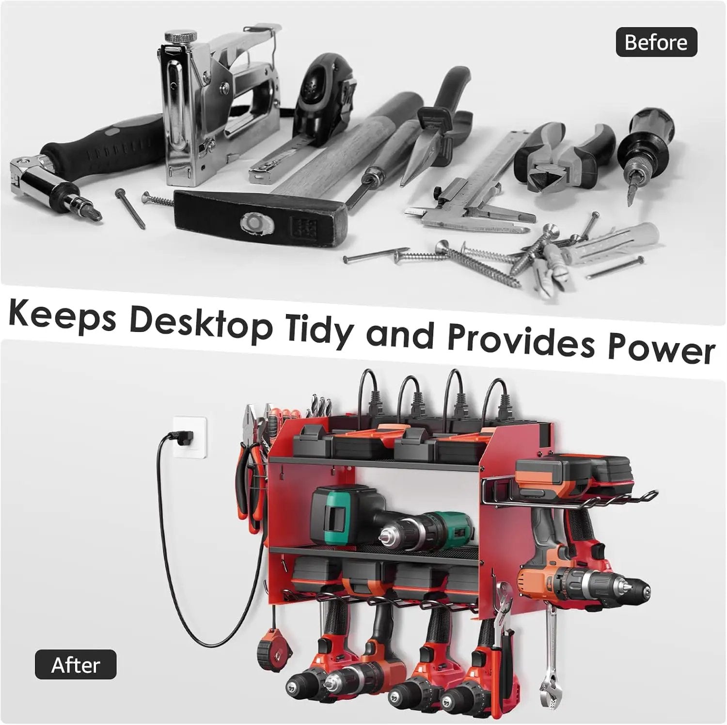 CCCEI Modular Power Tool Organizer Wall Mount Charging Station, Red 6 Drills Holder with 8 Plug Power Strip 10FT, Garage Drill Battery Heavy Duty Metal Shelf, Utility Rack with Hooks, Side Storage. by GreenHaven Gardens