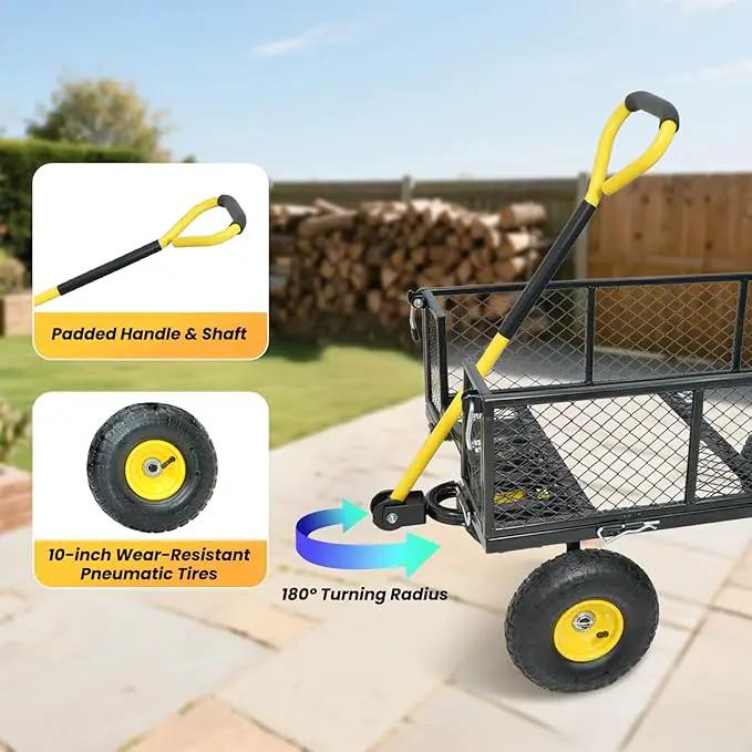 900 lbs Steel Garden Cart, Heavy Duty Yard Utility Wagon with 10" Pneumatic Tires, Removable Mesh Sides and 180° Rotating Anti-Slip Handle by GreenHaven Gardens