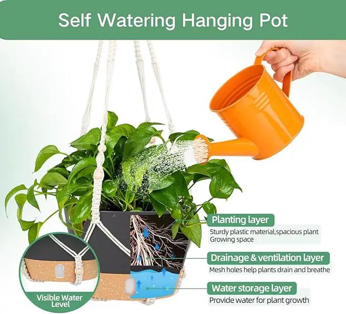 QCQHDU 2 Pack Hanging Planters for Indoor Plants, Outdoor Hanging Baskets, Self Watering Pots with Drainage Holes & Removable Tray (Dark Grey, 8 inch, Macrame Hanger) by GreenHaven Gardens