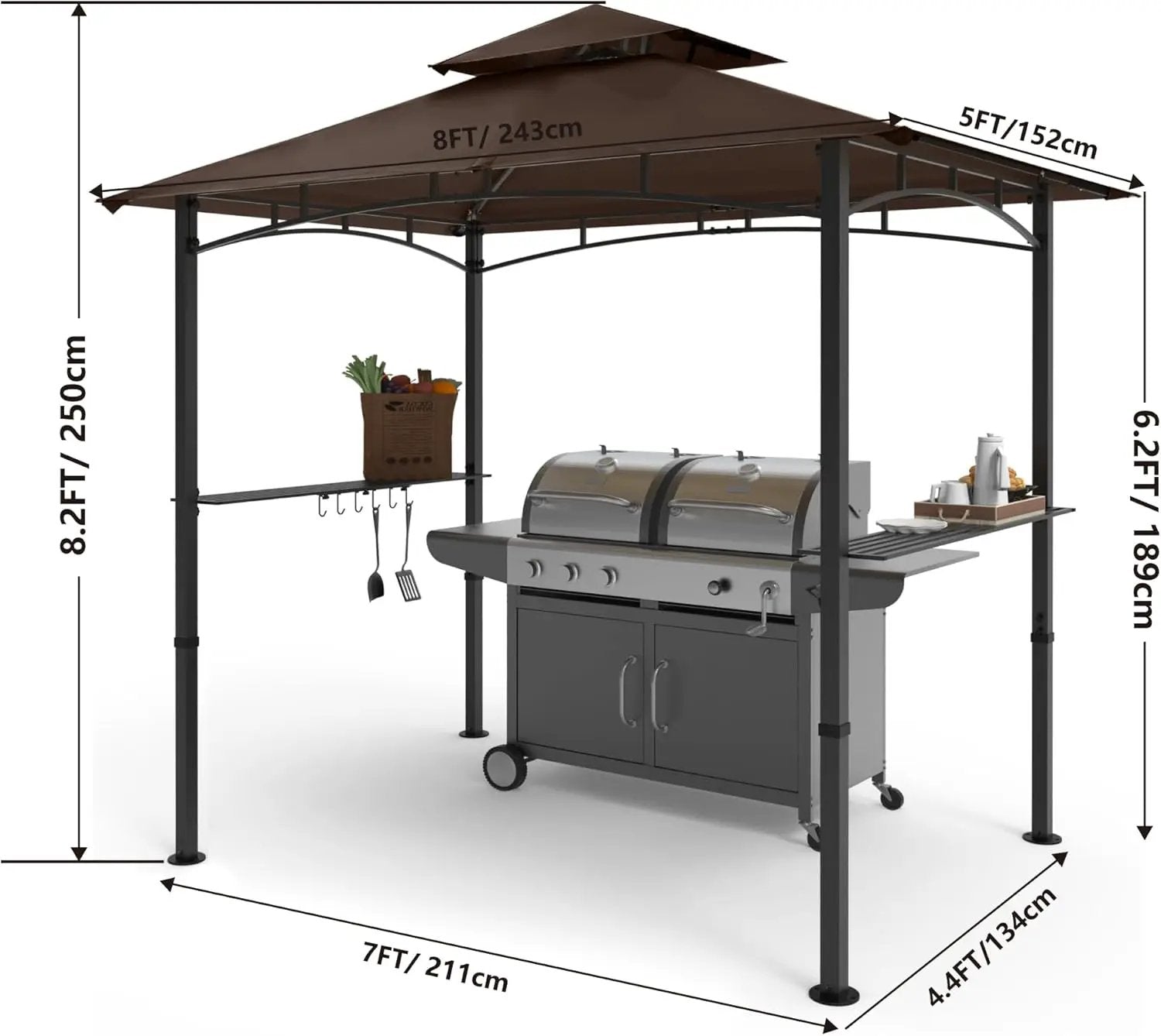 COOSHADE 8'x 5' Grill Gazebo Double Tiered Outdoor BBQ Gazebo Canopy with LED Light (Brown) by GreenHaven Gardens
