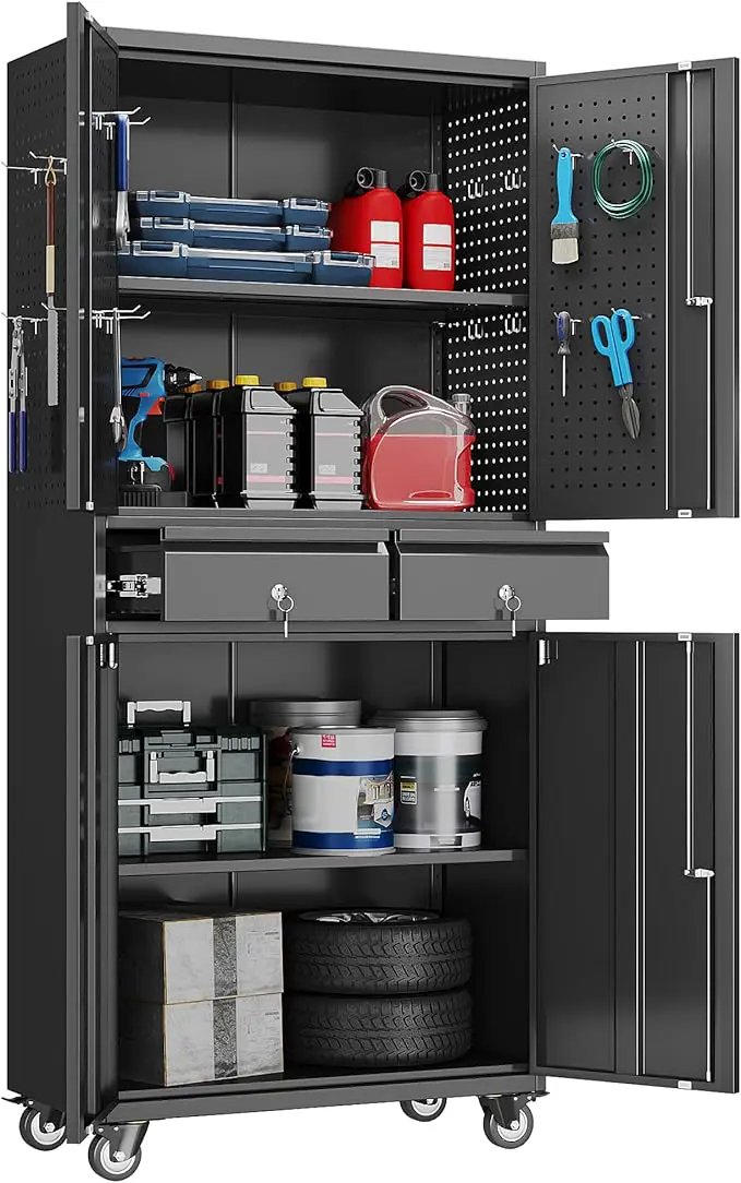 Metal Garage Storage Cabinet with Locking Doors and 2 Adjustable Shelves, Rolling Tool Storage Cabinet with 4 Wheels and 2 Drawer for Garage, Warehouse, Black, Assembly Required by GreenHaven Gardens